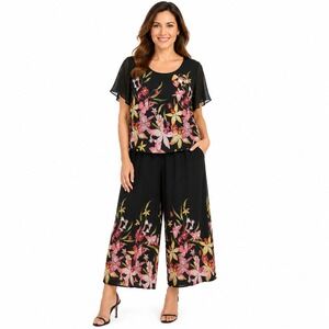 Floral Top & Culotte Set Size S Black Pull On Pockets Tropical Resort Vacation